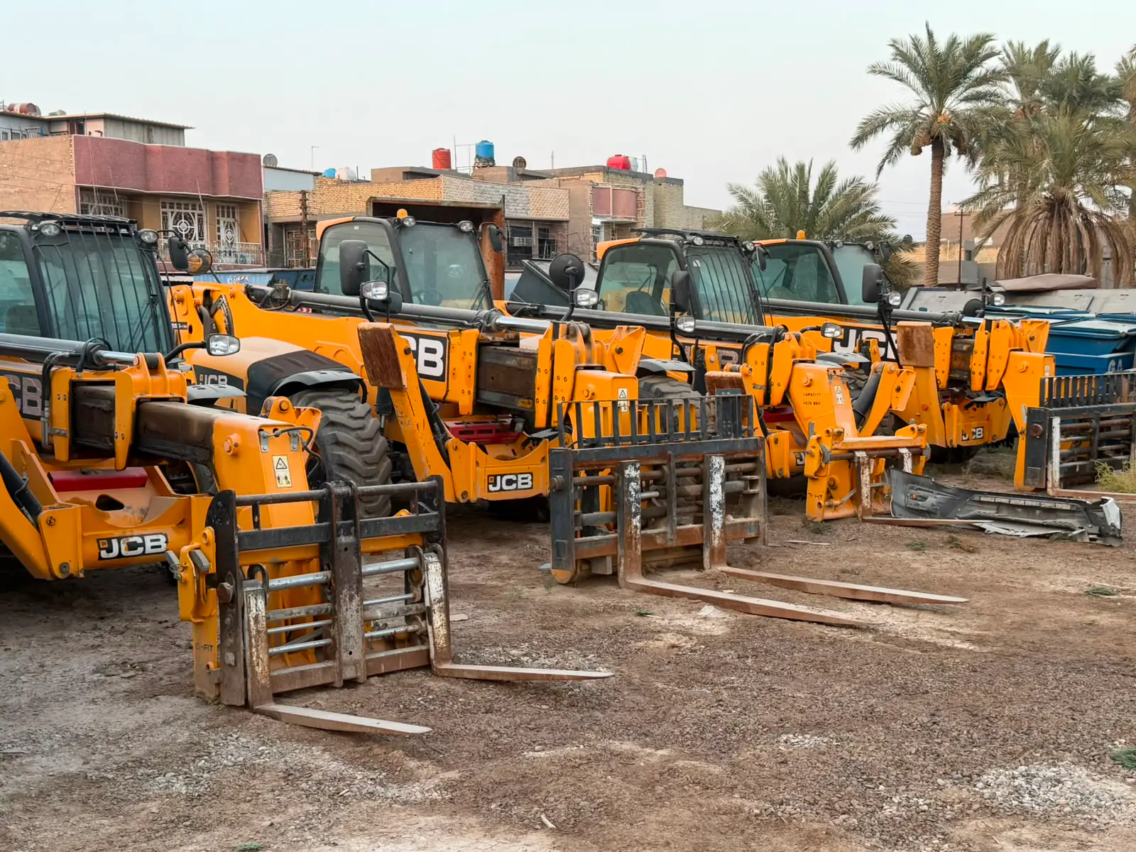 A row of JCB telehandlers with fork carriages, ready to mobilize